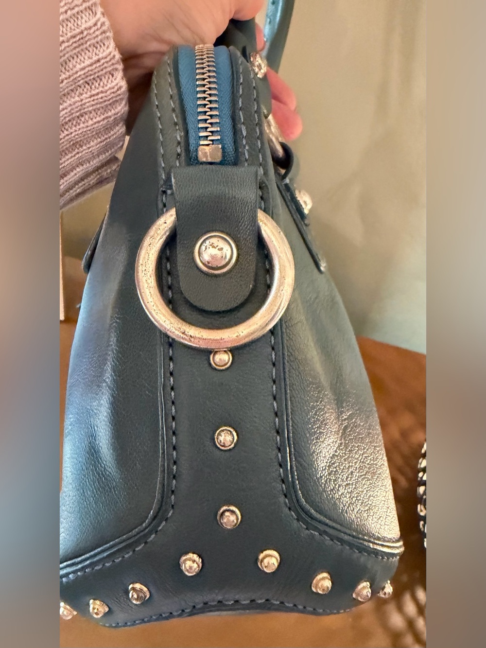 Michael Kors Vintage East West Teal Leather Shoulder Bag with Studded Zip Pocket - Picture 4 of 15